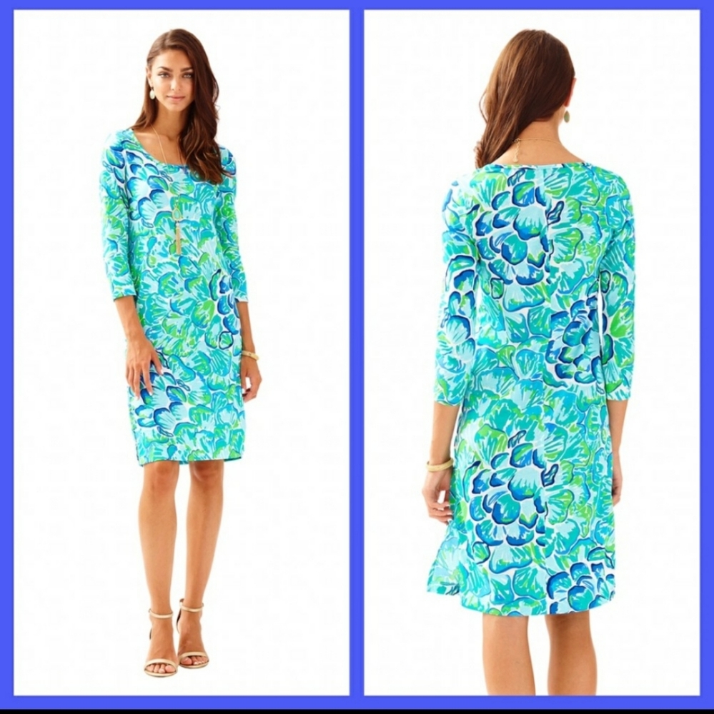 Lilly Pulitzer Kenzie Dress Lazy River Agate Green XS Scoop Neck 3/4 Sleeve